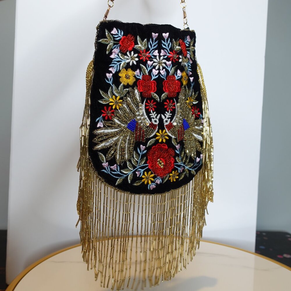 NEW RAMLA Handmade embroidered Mumbai beaded tassel bag floral pouch womens
